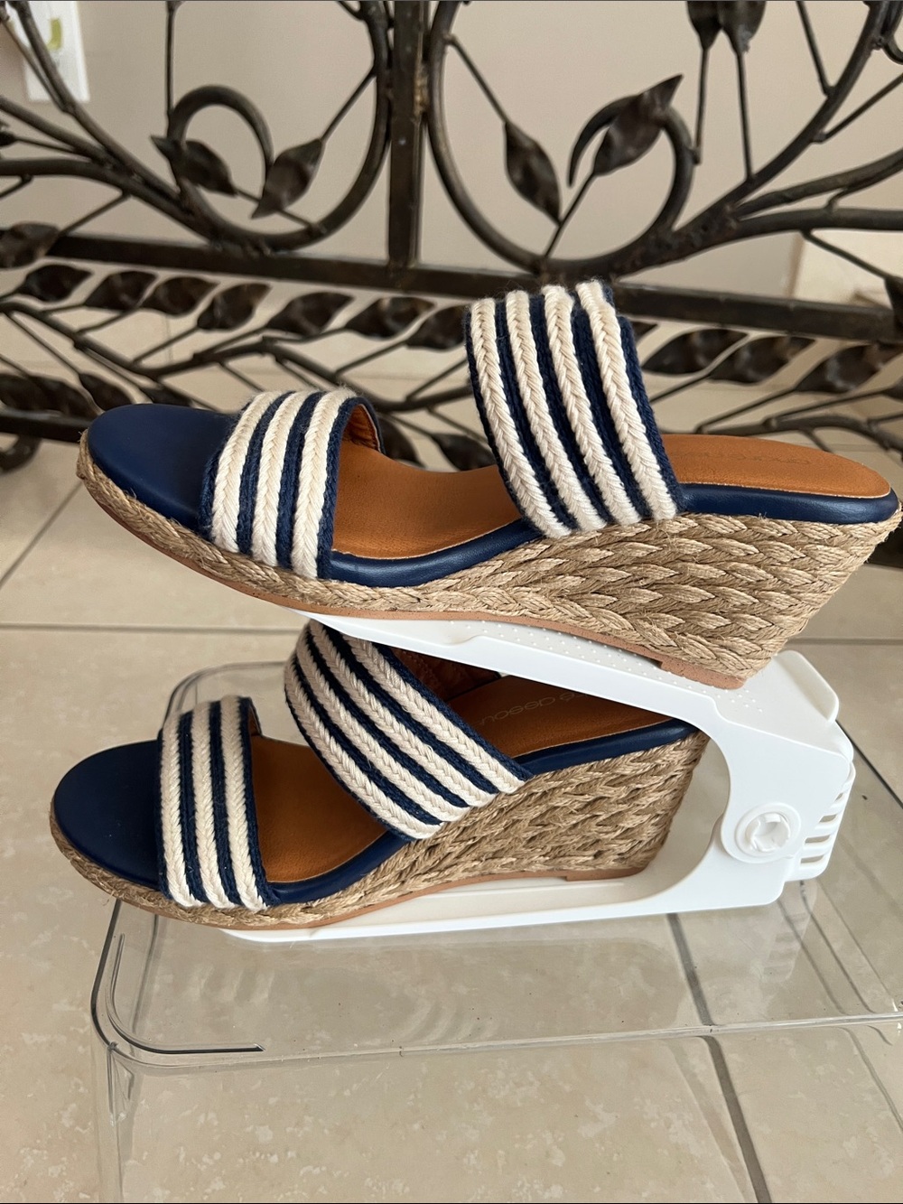 Andre Assous Navy and Cream Striped Wedge Sandals